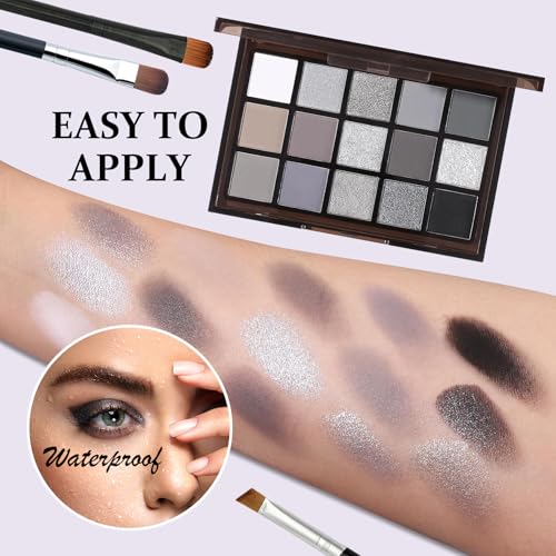 LZYLLS N Smoky Eyeshadow Palette with Matte & Glitter Shades, Waterproof, 15 Neutral Colors + 3 Brushes