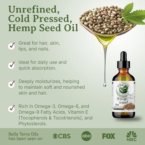 Bella Terra Oils Hemp Seed Oil 8 oz - Cold-Pressed, Nourishing Skin & Hair Oil, Single Bottle