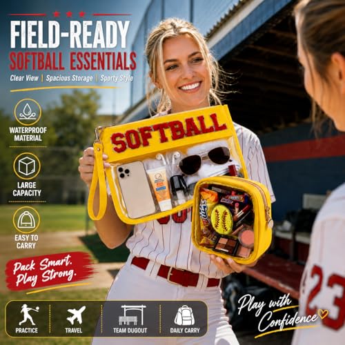 Softball-Yellow Makeup Bag Set | 2-Pc Waterproof Organizer with Chenille Patch