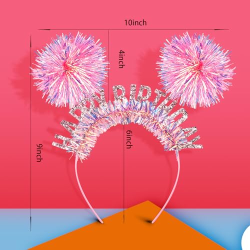 CUBACO Pink Birthday Headband with Pompoms for Women