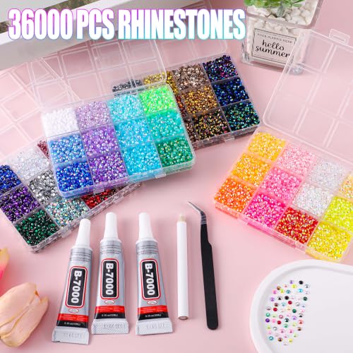 36,000 Pcs 3mm Flatback Rhinestone Kit with B7000 Glue and Precision Tools