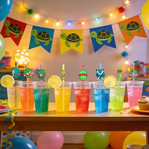 24 Reusable Green Turtle Drinking Straws Set for Kids Parties