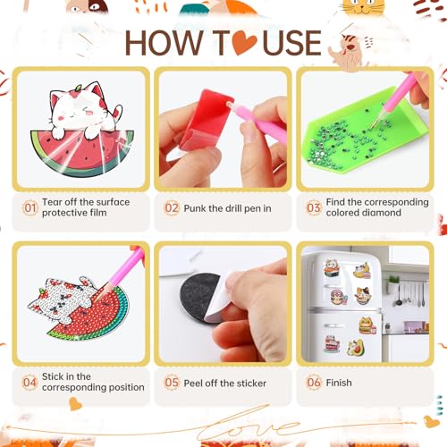 INCOK Cat Diamond Art Magnets - 12 PCS DIY Fridge Decor Kit