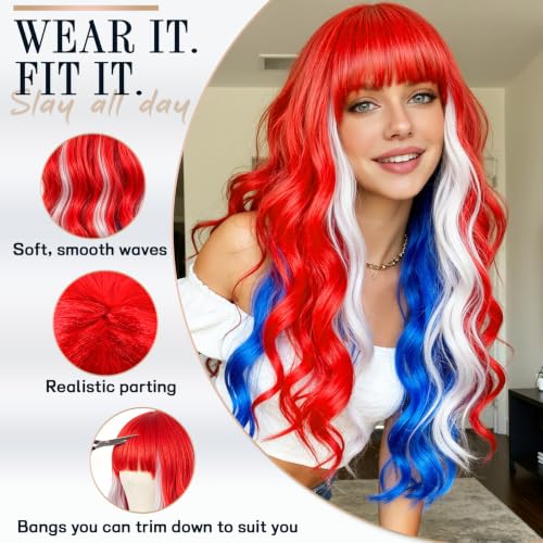 ANOGOL Red White Blue Wig - 32in Patriotic Costume Wig for Women