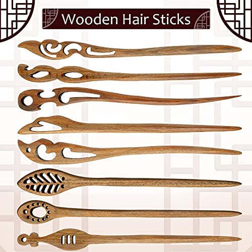 8 Pcs Handmade Sandalwood Hair Sticks - Vintage Chinese Style Hairpins