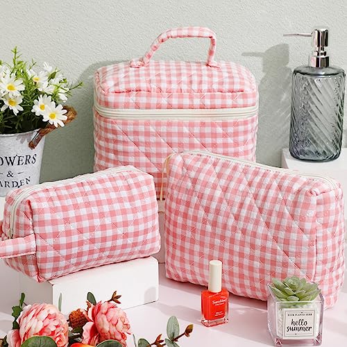 Paterr Pink Quilted Cotton Makeup Bag Set 3 Pcs Travel Cosmetic Organizer