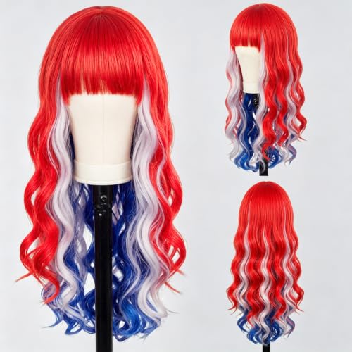 ANOGOL Red White Blue Wig - 32in Patriotic Costume Wig for Women
