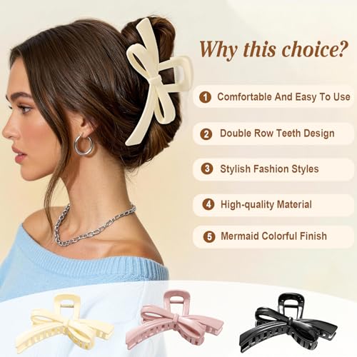 Glaudmeiss 3PCS Bow Hair Clips for Women - Strong Hold Non-Slip Claw Clips for Thin & Thick Hair