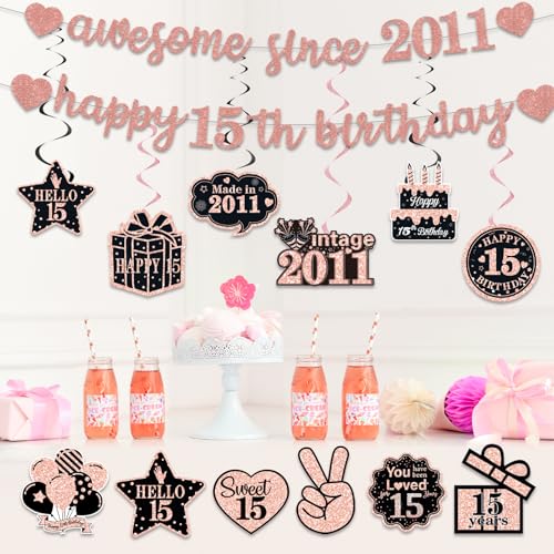 Glitter Rose Gold 15th Birthday Banner Decorations for Girls