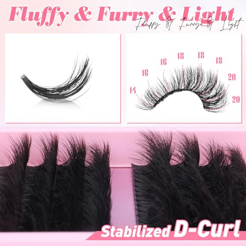 Fluffy Lash Clusters Kit 14-20MM D Curl Eyelash Extensions with Bond & Seal - DIY Wispy Lashes