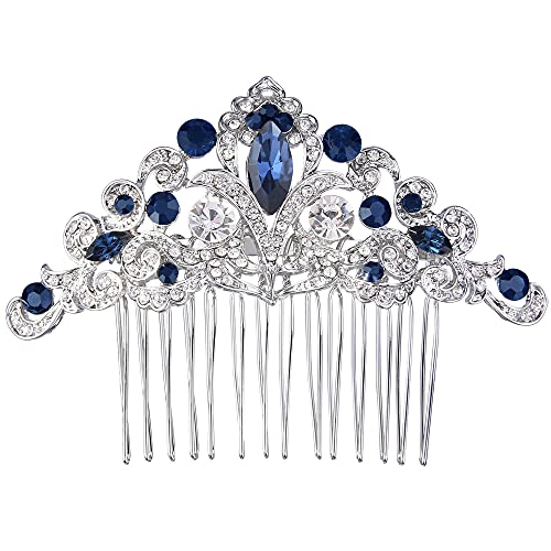 EVER FAITH Navy Blue Crystal Hair Comb, Art Deco Flower Vine Bridal Accessory