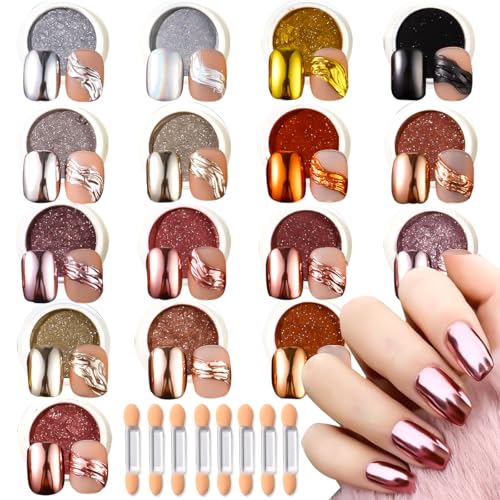 16 Jars Chrome Nail Powder Set with 8 Nail Art Brushes - Holographic Mirror Effect