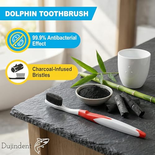 DUJINDENT Dolphin Charcoal Toothbrush - Extra Soft, 4 Pack (Red)