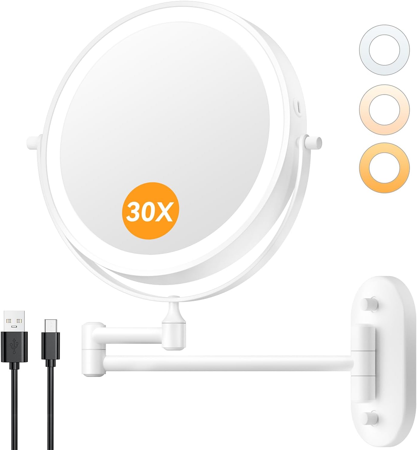 Lighted Makeup Mirror - 1X/30X Double-Sided Magnifying Mirror with 3 Color Touch Dimmable Lights | 8" Rechargeable, 360° Rotating Arm, Brushed Nickel