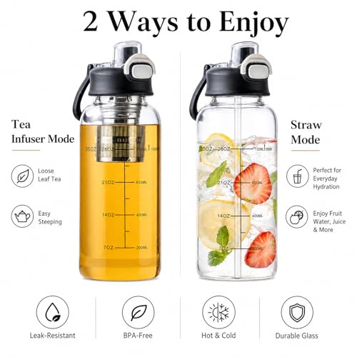 35oz Glass Water Bottle with Straw & Tea Infuser - BPA-Free, Leakproof