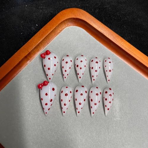 Handmade Press on Nails M - Red Polka Dot & Bow Stiletto Acrylic