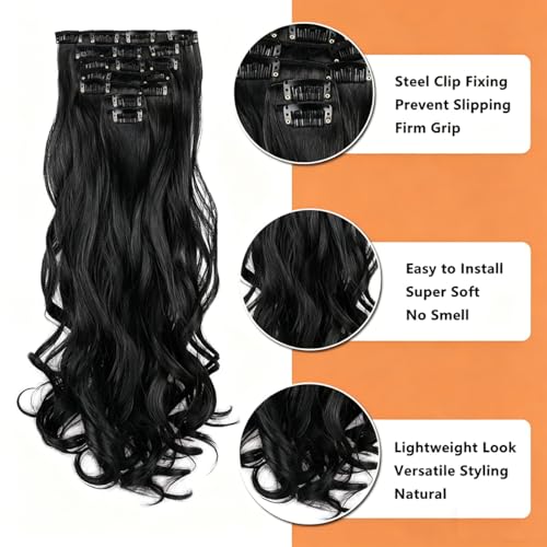 Gx Beauty 22 Inch Dark Black Clip-In Wavy Hair Extensions - 7Pcs Pack