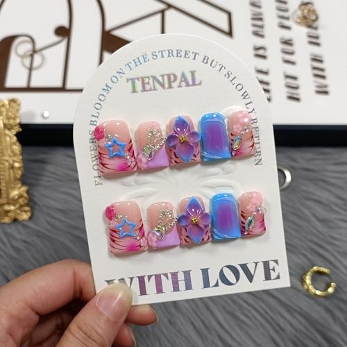 Duckbill Press on Nails Set - Blue Leopard with Rhinestones & Bow (S)