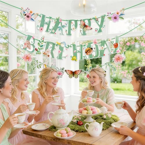 Sage Green Floral Happy Birthday Banner with Butterflies - Pre-Strung