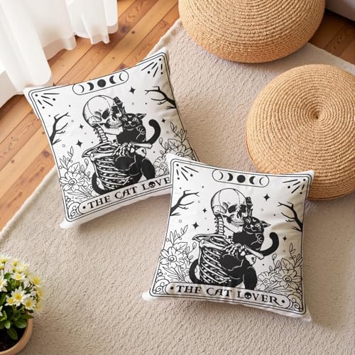 Gothic Skull Black Cat Pillow Cover - 18x18" Polyester Case