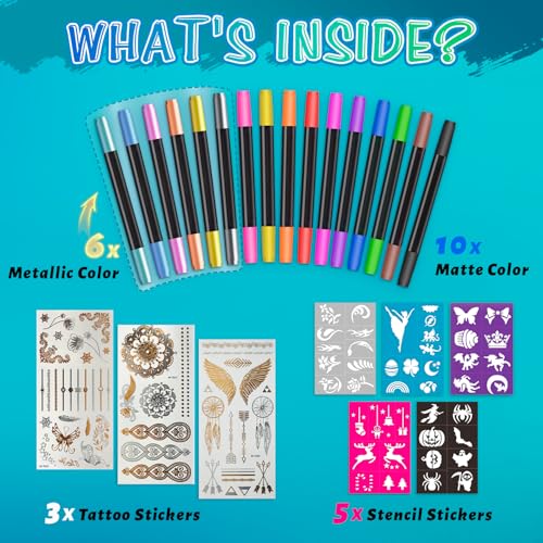 CORALMEE 16Pcs Dual-Tip Temporary Tattoo Markers Kit with 43 Stencils & 50 Stickers