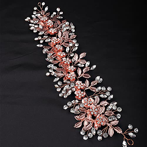 Rose Gold Bridal Hair Vine with Crystals and Pearl Flowers