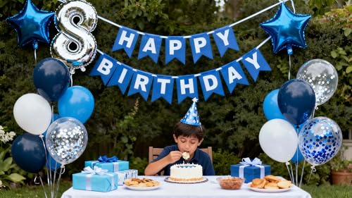 Blue 8th Birthday Decorations Set - Banner & Balloons
