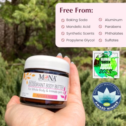 MONA All Natural Deodorant Cream, Apricot & Rose - 2 Oz for Body & Intimate Use