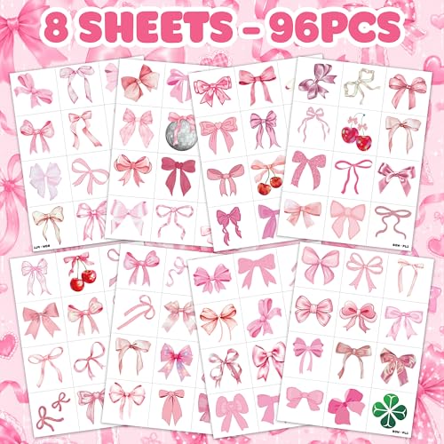 96 PCS Pink Bow Temporary Tattoos for Girls - Party Favors & Activities