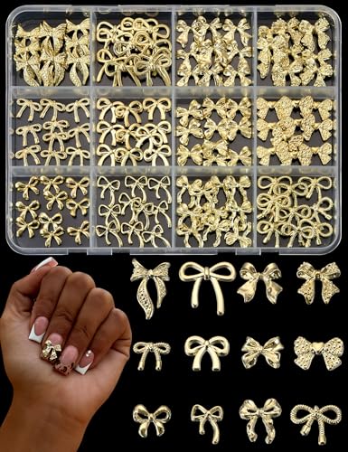 UWETIME 120Pcs Gold Bow Nail Charms Set 12 Styles 3D Alloy Hearts & Bows