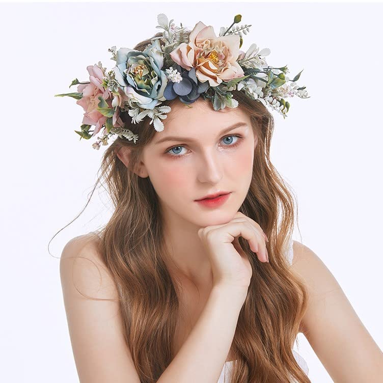 Faylay Flower Headband Wreath Pink & Blue Boho Hair Crown for Weddings & Festivals