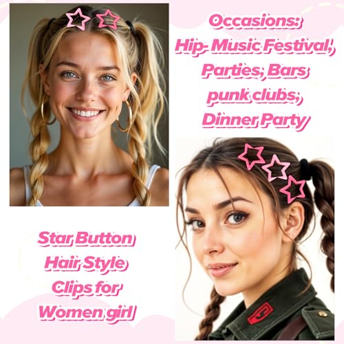 15 Pink Star Hair Clips - Y2K Snap Barrettes for Girls & Women