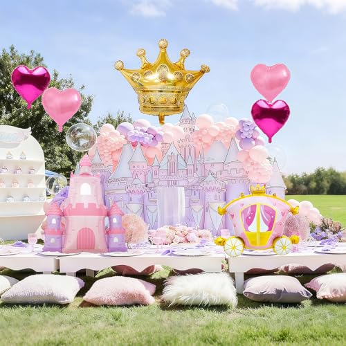 Princess Birthday Balloons Set - Pink Crown, Castle & Carriage