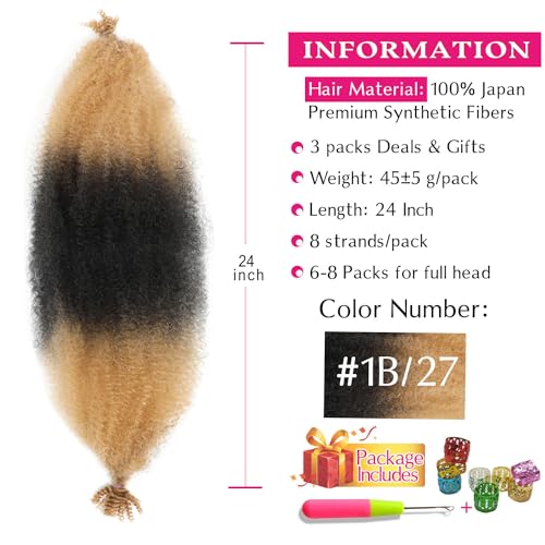 Hbegant 24 Inch Afro Spring Twist Hair - Pre-Fluffed Extensions, 1B/27#