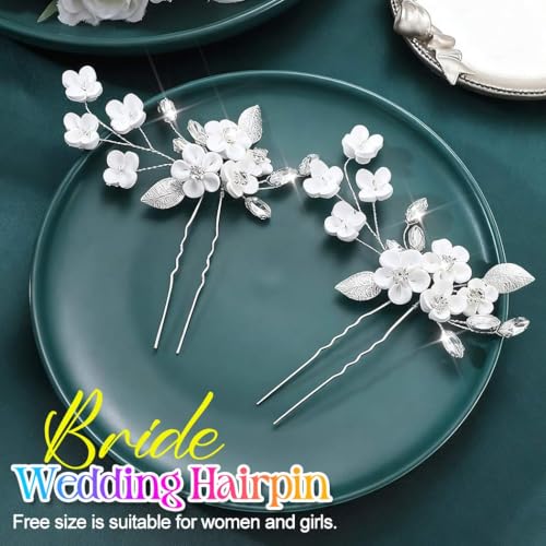 HEREAD Silver Flower Bridal Hair Pins - Elegant Crystal Hair Clips (2 Pack)