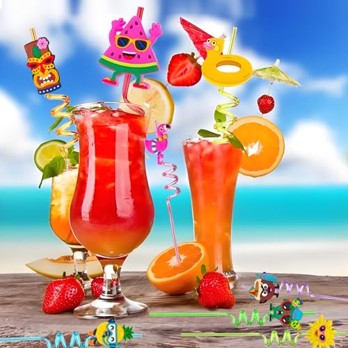 24 Reusable Hawaiian Crazy Straws with Tropical Charms