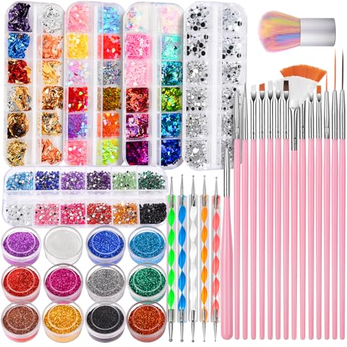 FANDAMEI Pink Nail Art Kit with Brushes, Glitter, Rhinestones & Decorations - A-Pink
