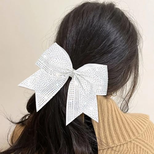 White 8-Inch Glitter Cheer Hair Bow with Rhinestones - Large Sports Pom-Pom Accessory