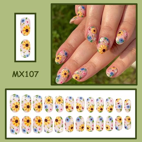 Diowino Short Press-On Nails with Flower & Insect Design, Sunflower & Bee Acrylic Manicure Tips, 24 pcs