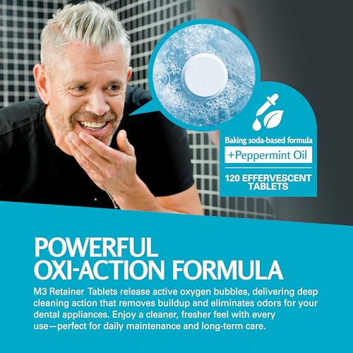 Retainer Cleanser Tablets Invisalign Cleaner, Removes Odors Discoloration Stains and Plaque 4 Month Supply Denture Cleansers Retainers Mouth Guards Denture Bath Mint by M3