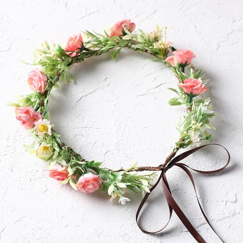 Pink Green Rose Flower Crown - Boho Floral Headband for Women