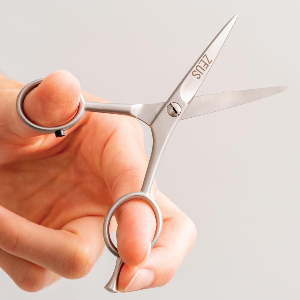 ZEUS Stainless Steel Beard Trimming Scissors with Leather Case, Facial Hair Clipping Tool for Barber Quality Beard & Mustache Trim, Great for Father's Day (Made In Germany)