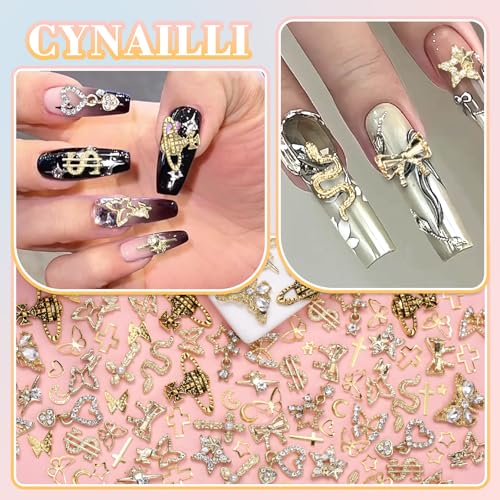 Cynailli 320 Pcs Gold Nail Charms & Gems Set - Cross, Snake, Heart, Star, Dangle & More, Variation S1