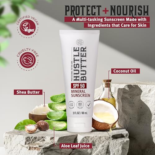 Hustle Butter Tattoo Aftercare Sunscreen - Tattoo Sunscreen Lotion - Fade Protection, SPF 50, Hydrating with Shea Butter & Coconut Oil, TSA-Friendly, Water Resistant, Non-Greasy, 3 oz