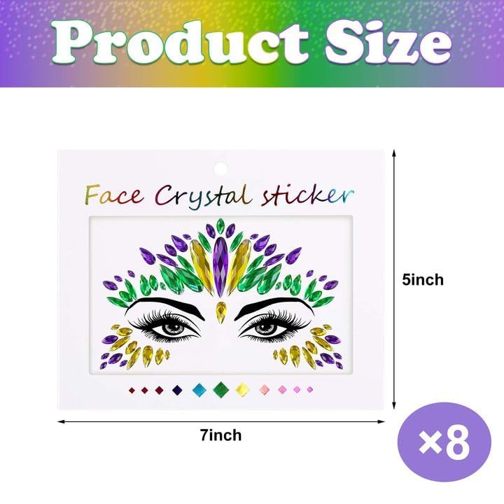 Wehhbtye Mardi Gras 8-Piece Face Jewel Stickers Self-Adhesive Glitter Eye Crystals