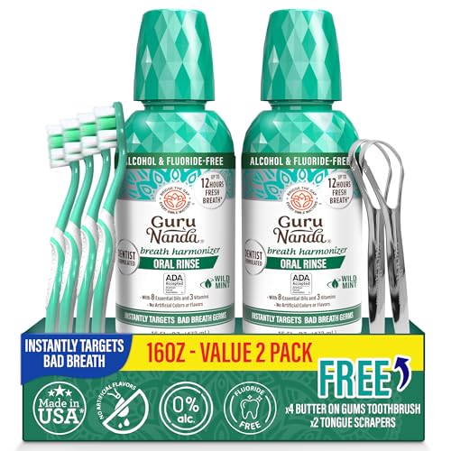 GuruNanda Fresh Breath Mouthwash - 16 oz Pack of 2, Alcohol & Fluoride-Free