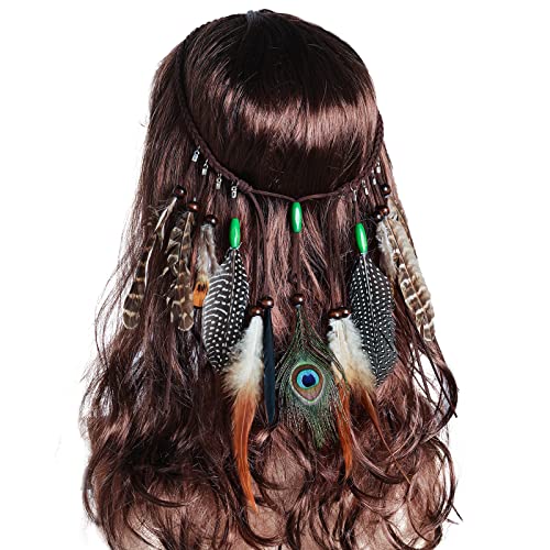 Obmwang Indian Feather Headband – Boho Festival Head Dress with Feathers for Women & Girls