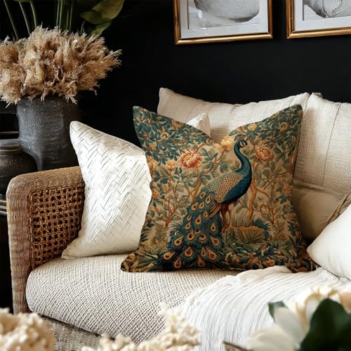 Vintage Peacock Floral Throw Pillow Cover - 18x18 Inch Flannel Cushion