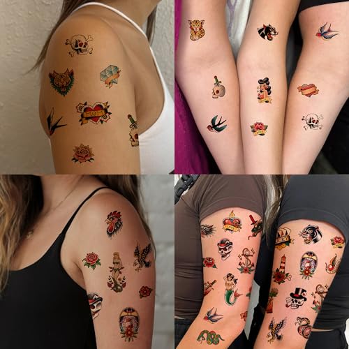 76Pcs American Traditional Temporary Tattoos for Adults - Retro & Realistic
