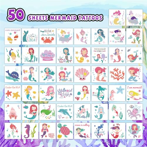 50 Sheets Mermaid Temporary Tattoos for Kids, Ocean Party Favors